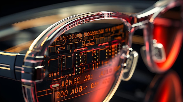 Brillen mit Datenhologrammprogrammierung oder digitaler Statistik Konzept von Hacker und Sicherheit
