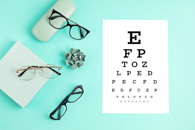 Brillensammlung mit Sehtesttisch. Optischer Laden, Brillenauswahl, Sehtest, Sichtprüfung beim Optiker, Modeaccessoire-Konzept. Draufsicht, flach liegen