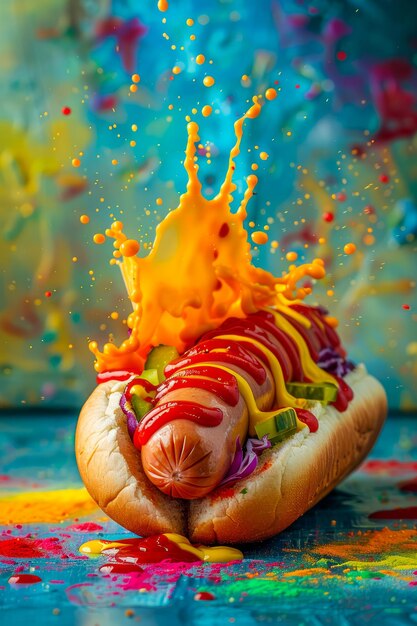 Foto un brillo de colores vibrantes en un perrito caliente gourmet con condimentos en un fondo artístico