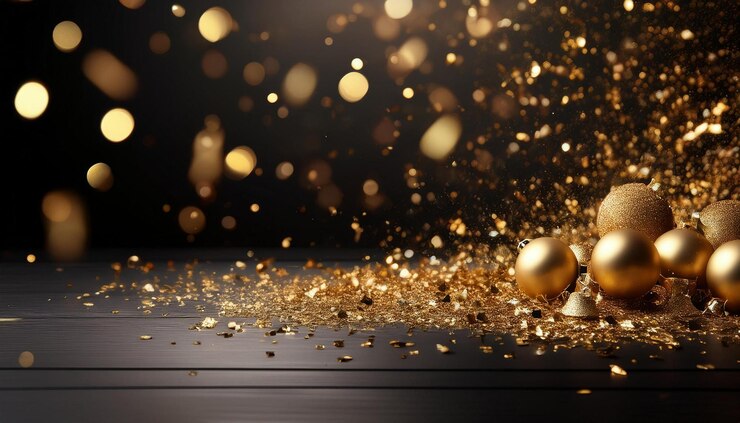 Brillo dorado y confeti sobre fondo negro para la celebración de Navidad Generador de IA