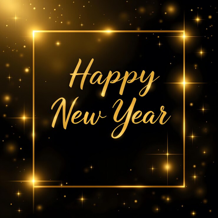 Brillo dorado lujoso tema dorado y negro brillante feliz año nuevo estrellas de texto minimalista