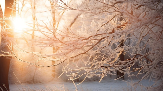 Brillo helado luz tranquila ambiente sereno ramas cubiertas de hielo luz del sol radiante belleza escénica generada por IA