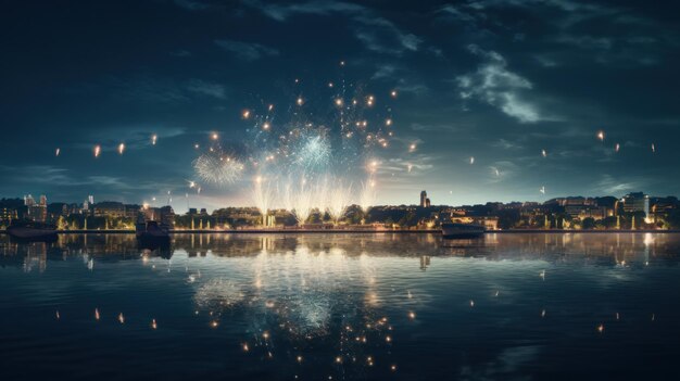 el brillo reflectante de los fuegos artificiales en un sereno río de la ciudad con barcos flotando suavemente