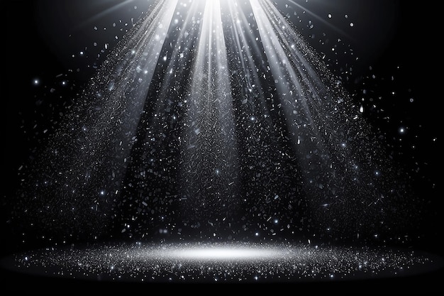 brillo reluciente cayendo sobre una superficie plana iluminada por un reflector brillante elegante fondo de escenario blanco y negro