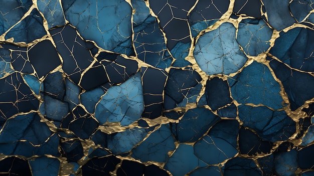 Brillos dorados texturas de mármol azul agrietadas sobre fondo aislado