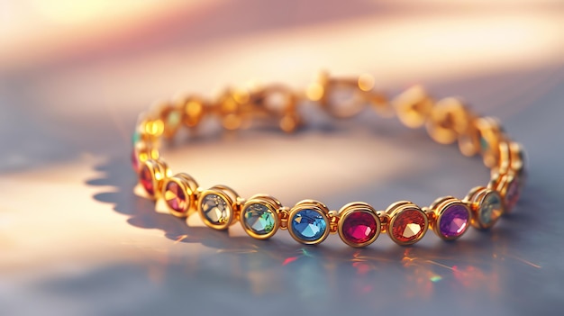 Brincadeira de ouro com pedras preciosas multicoloridas em uma superfície refletora