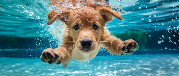 Brincar com diversão na piscina de um golden labrador retriever cachorro pulando e mergulhando profundamente jogos de treinamento de ações com raças de cães e animais de estimação da família