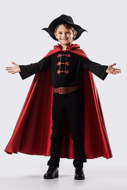 Menino vampiro de halloween acena sua capa preta e vermelha com as mãos  rodeadas sobre o fundo vermelho do estúdio. maquiagem de vampiro de  criança.