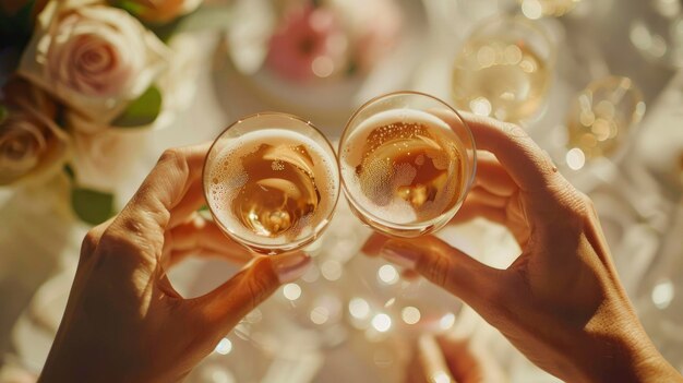 Brindando copas de cócteles en la boda disparar de cerca vista superior foto profesional