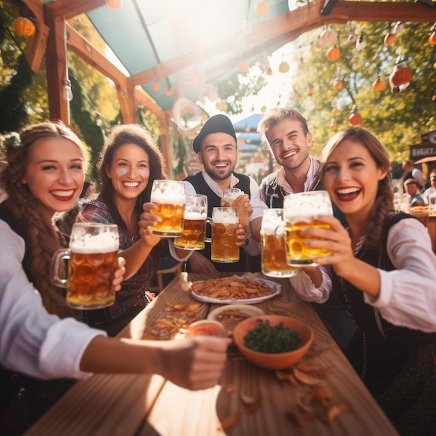 Foto brindando en el jardín de la cerveza bávara un grupo de amigos felices bebiendo y brindando cerveza en bávara