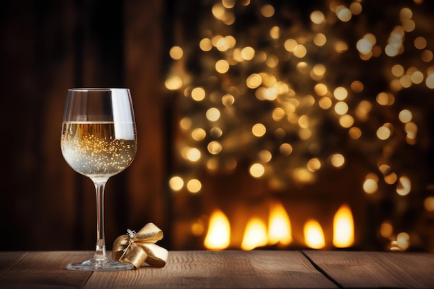 Brinde com champanhe em um pano de fundo de madeira escura iluminado por luzes festivas criando uma atmosfera de férias calorosa e convidativa