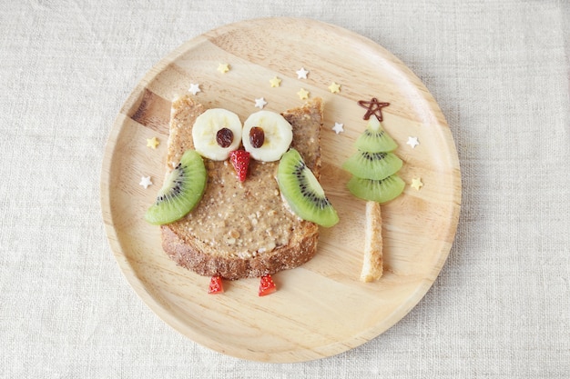 Brinde de coruja de Natal com frutas, comida arte café da manhã para crianças