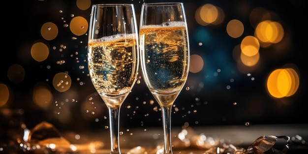 Brindes de celebração com champanhe e cartões de Ano Novo.