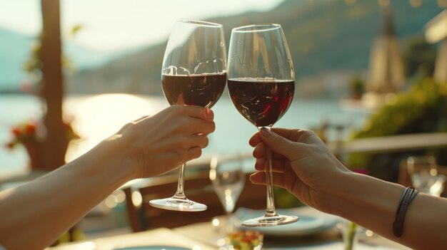 Brindis de celebración con copas de vino rojo contra una vista de la montaña al atardecer