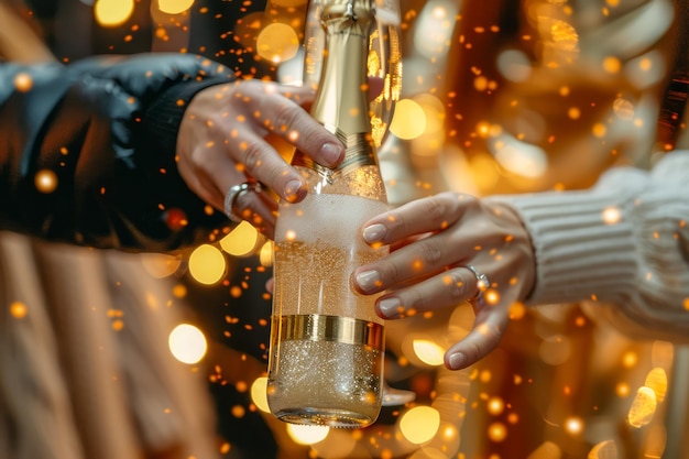 Foto brindis de champán de celebración con chispas y burbujas por manos elegantes en un evento festivo