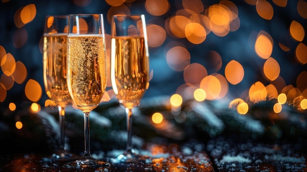 Brindis de champán con luces festivas