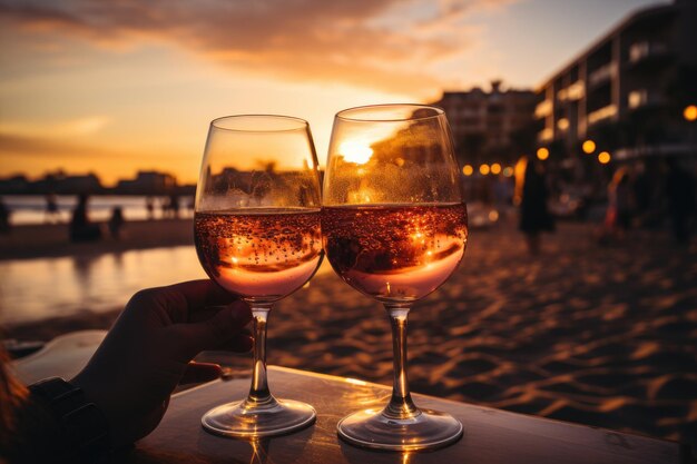 Un brindis por la puesta de sol de la playa y el amor generativo IA