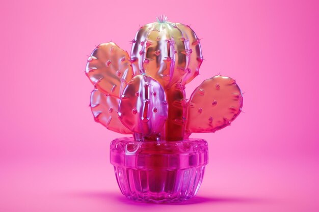 Brinquedo de cactus colorido feito à mão Um símbolo 3D criativo e bonito de artesanato infantil com suavidade e espinhos afiados em um fundo rosa