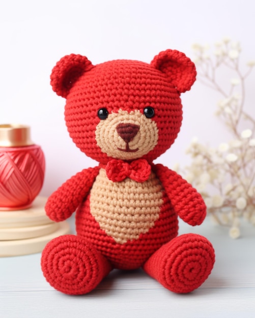 Foto brinquedo de crochet de urso amigurumi vermelho