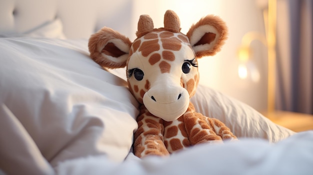 Brinquedo de girafa de pelúcia bonito deitado em uma cama macia branca à luz do dia