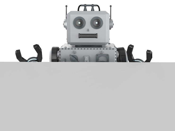 Foto brinquedo de lata de robô de renderização 3d com papel branco em branco