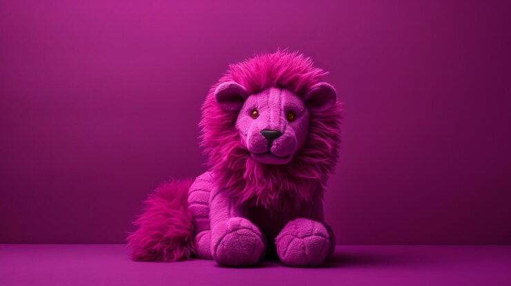 Foto brinquedo de leão rosa vibrante em fundo roxo colorismo de cranberrycore