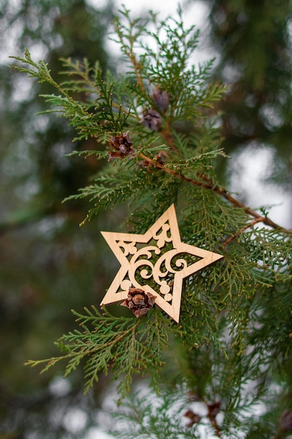 Brinquedo de madeira para a árvore de Natal em forma de estrela. Feliz Natal.