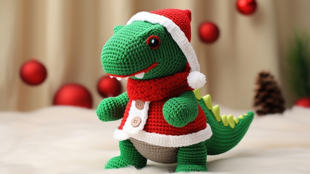 Brinquedo de Natal de dinossauro de malha Brinquedo de malha feito à mão criado com tecnologia Generative AI