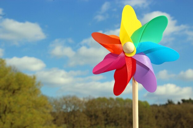 Foto brinquedo de roda de pinos multicolorido contra o céu