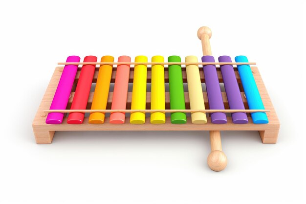 Foto brinquedo de xilófono de madeira colorido com paus multicoloridos em uma superfície branca ou transparente png fundo transparente