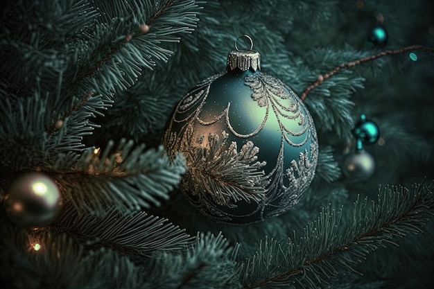 Brinquedo verde na forma de uma bola em uma árvore de Natal Atmosfera de Natal feriado presentes de fim de semana arte de alta resolução inteligência artificial generativa