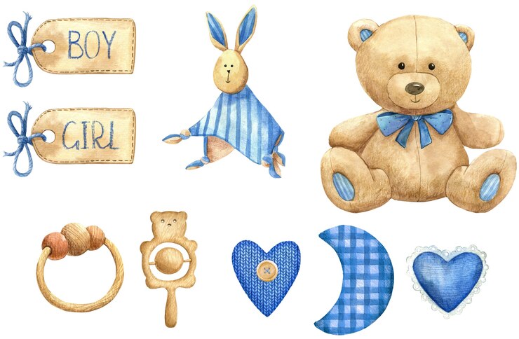 Brinquedos de bebê com etiqueta de material de urso é um menino chá de bebê de pelúcia azul aquarela conjunto isolado