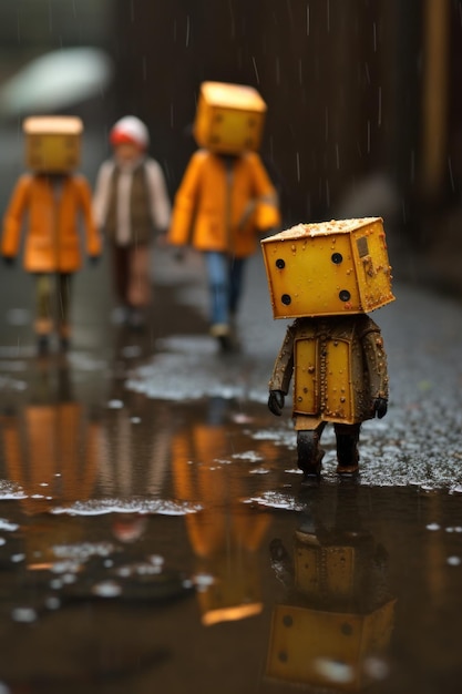 Foto brinquedos de caixa tristes na chuva