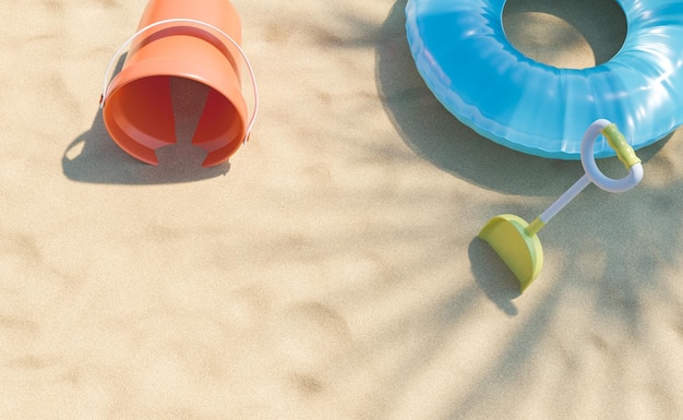 Brinquedos de praia na areia com sombra de palmeira