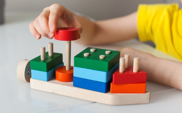 Brinquedos lógicos educativos para crianças. Jogos Montessori para o desenvolvimento infantil. Brinquedo infantil de madeira.