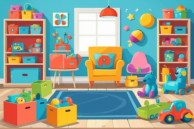 Foto brinquedos para crianças em caixas quarto de brincadeira para crianças no berçário interior do quarto do bebê ilustração vetorial de estilo plano