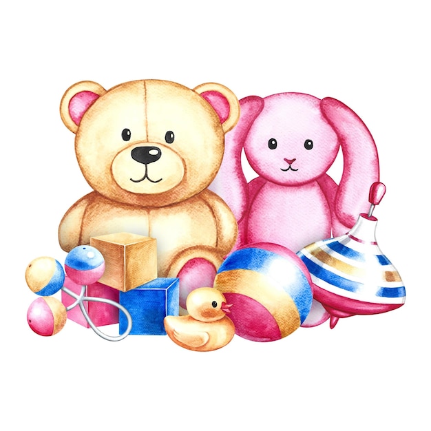 Brinquedos para crianças, uma bola, cubos giratórios e um ursinho de pelúcia com um coelho, aquarela artesanal.