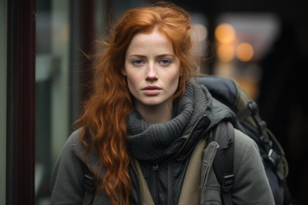 Brisa urbana en su cabello Una mujer con el cabello barrido por el viento en las calles de la ciudad capturando la esencia de la vitalidad urbana