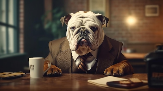 Britische Bulldogge verkleidet als Geschäftsmann, der traurig am Schreibtisch aussieht