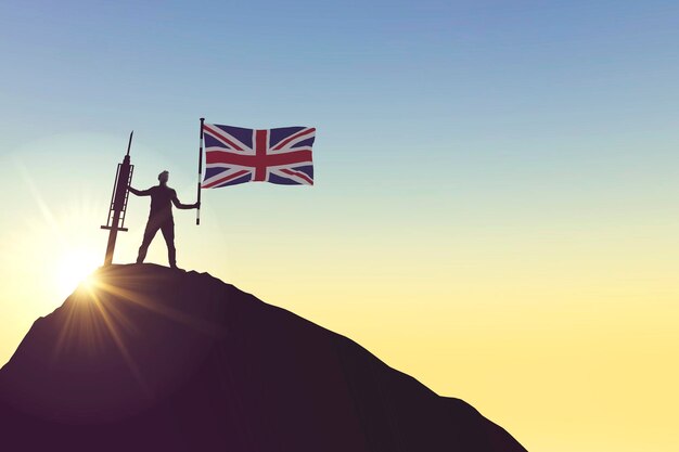 Britische Impfstoff-Silhouette einer Person mit Flagge und Spritze d-Darstellung