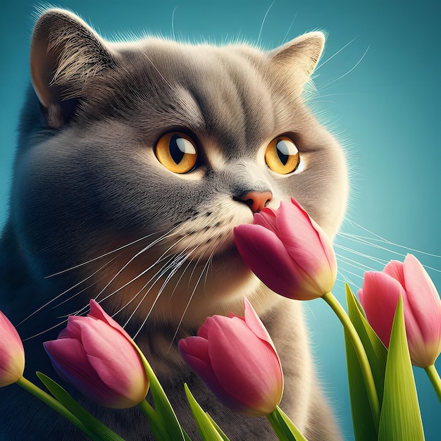 Britische Katze mit Tulpenporträt