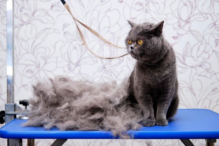 Britische Katze neben dem Pelz nach dem Abzug auf dem Pflege-Tisch