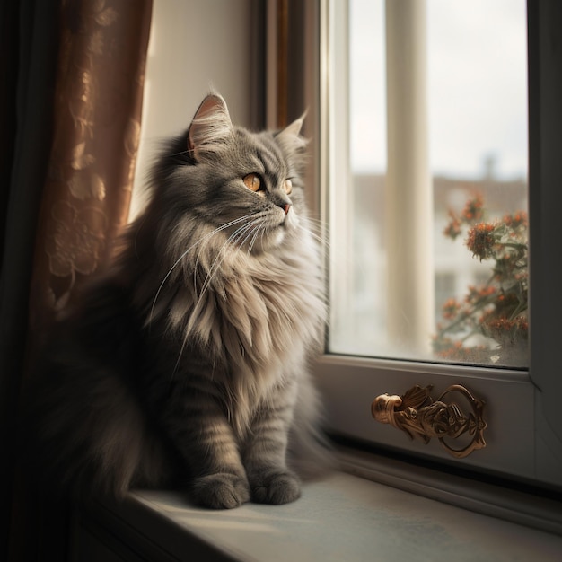 Britische Langhaarkatze sitzt auf der Fensterbank