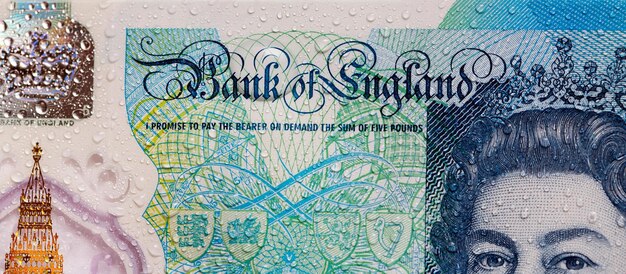 Foto britisches wirtschafts- und währungsumtauschkonzept mit makro-nahaufnahme einer 5-pfund-banknote in einem web