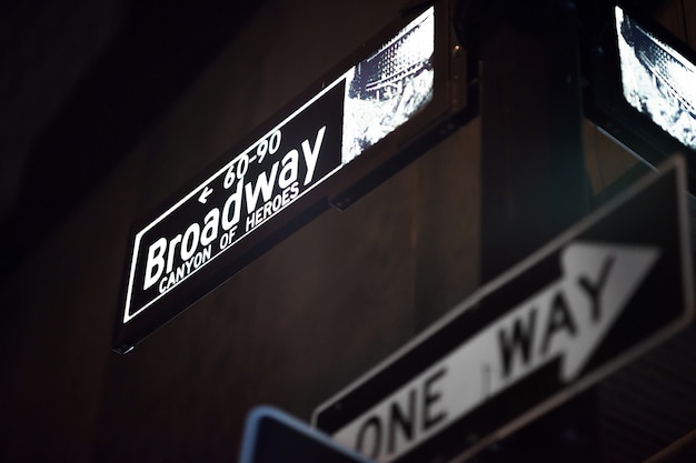 Broadway und Wall Street Signs in der Nacht, Manhattan, New York