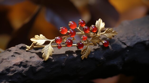 Broche de joyería de oro y rosa roja con intrincado diseño de follaje