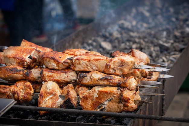 Brocheta de carne de cerdo preparada frita que se cocina en una parrilla al aire libre para un picnic de verano