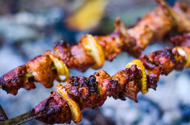 Brocheta de carne en un champor sobre un fuego