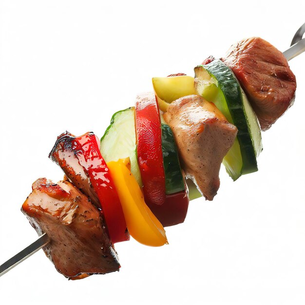 Brocheta de carne con verduras aisladas sobre fondo blanco