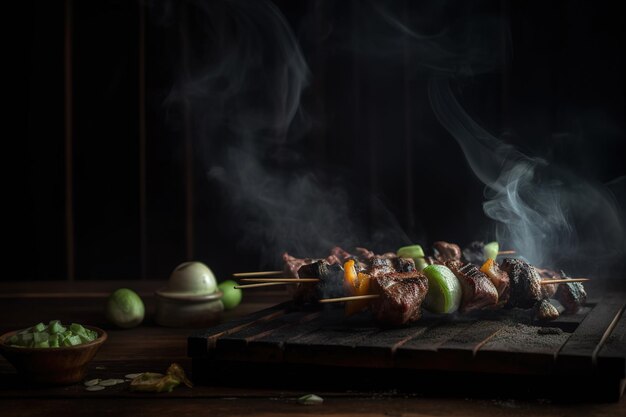 una brocheta con carne y verduras que ha sido ensartada y descansa sobre una tabla de madera